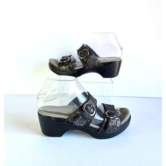 DANSKO Sophie Sandals Metallic Python Leather Sz 37 6.5 7 Black Sparkly Comfort - Picture 6 of 14